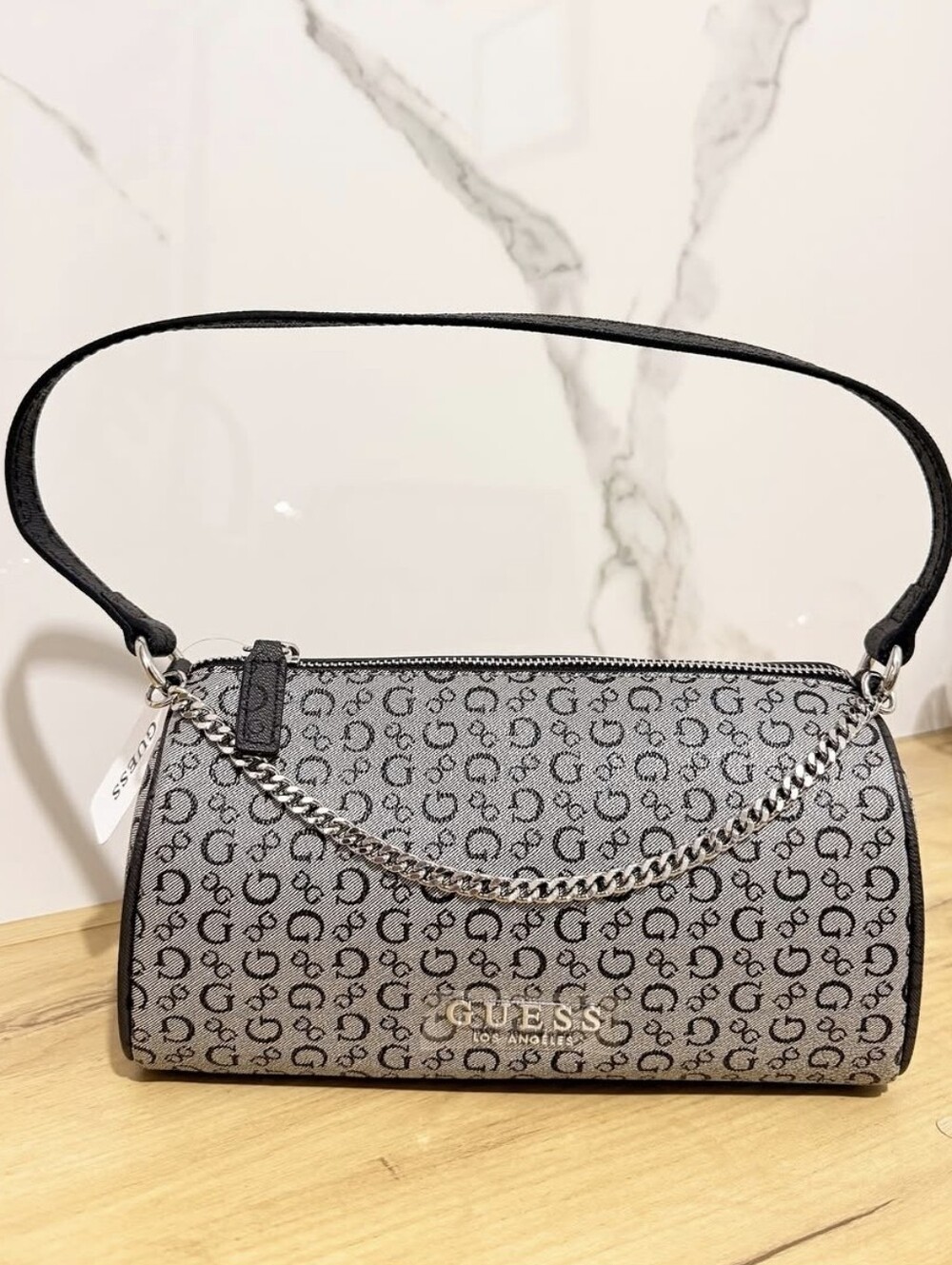 GUESS Gray Monogram Shoulder Bag with Chain Accent